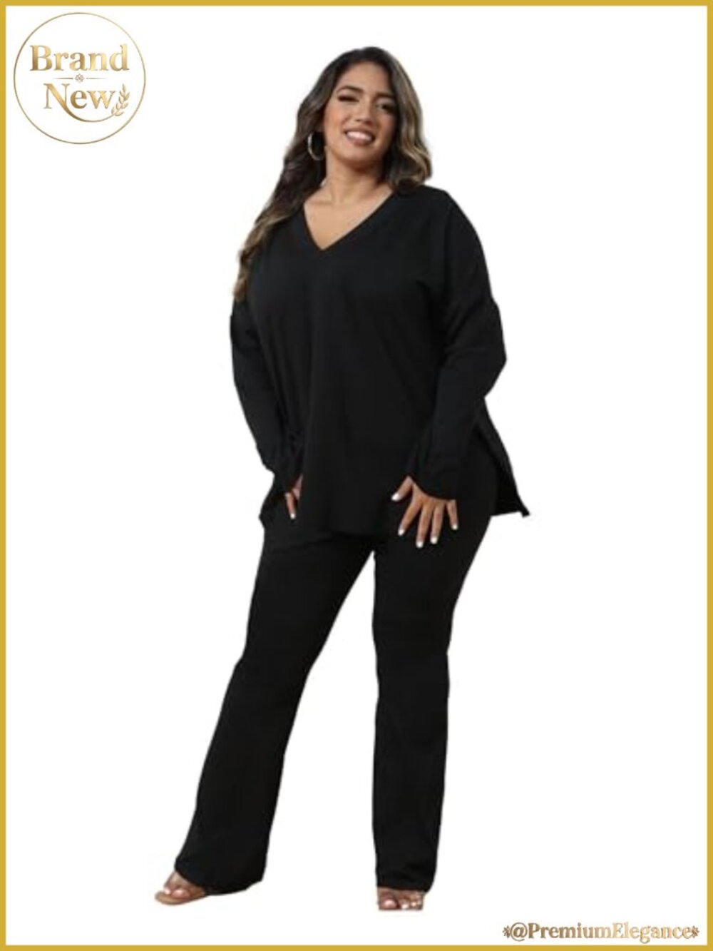 Womens Plus Size 2 Piece Set V Neck Top Flare Pants Tracksuit Loungewear